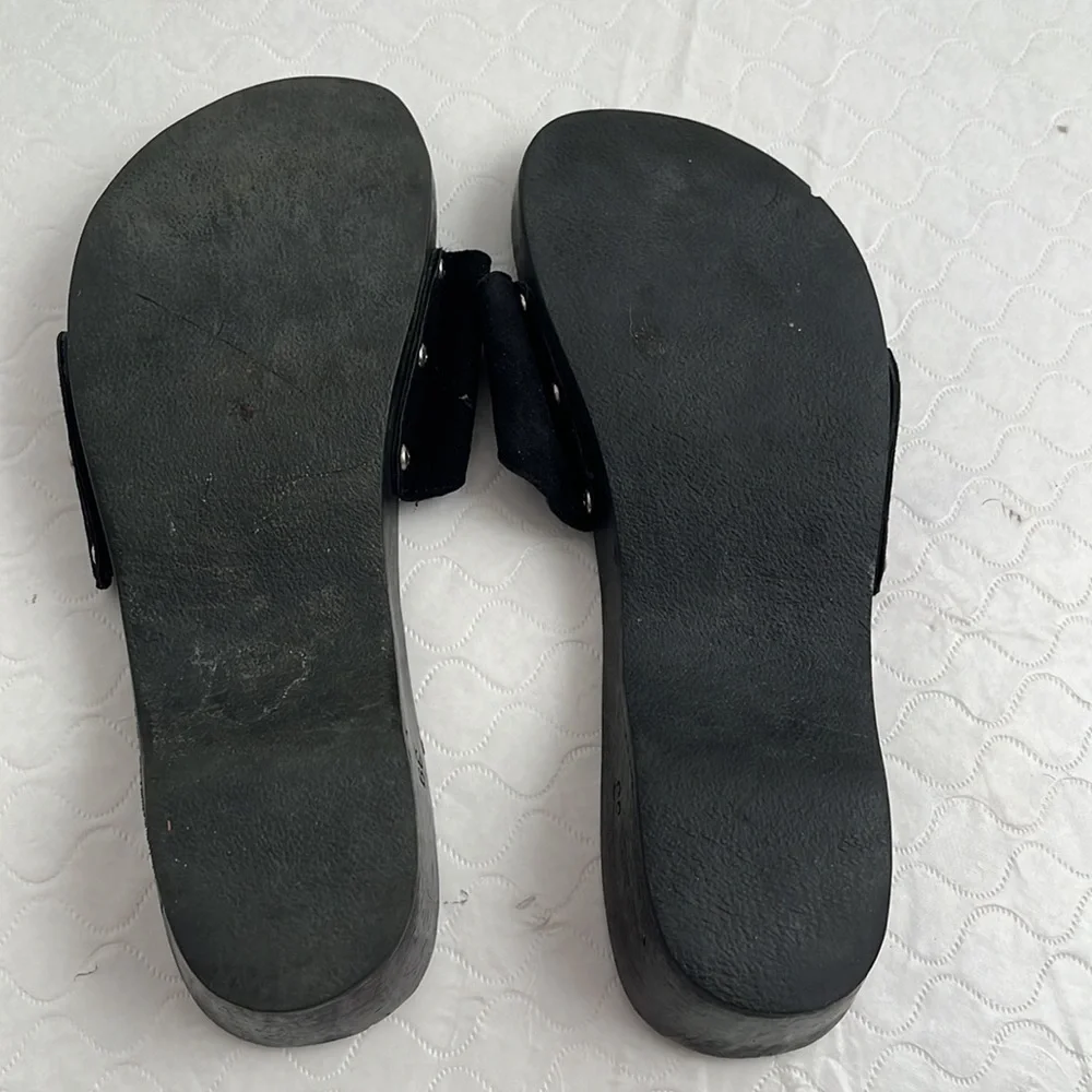 Chanel 2000s black wood slide logo sandals